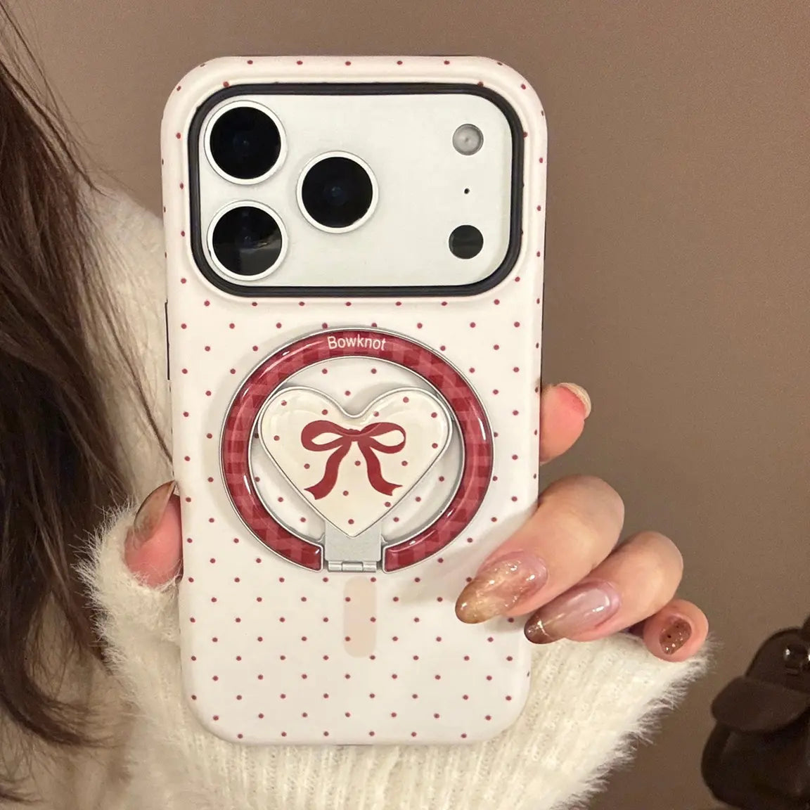 Polka Dot Magsafe Phone Case For iPhone Series 17 16 15 14 13 12 11 with Bowknot Grip