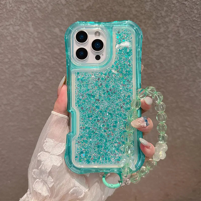 Candy Color Glitter Curvy Waist Phone Case For iPhone Shiny Lanyard Back Cover
