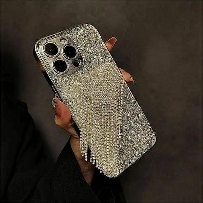 Full Rhinestone Protective Cover Heart Tassel Airbag Stand Phone Case for iPhone 17 Air 16 15 14 13 12 11 Pro Max Plus (Copy)