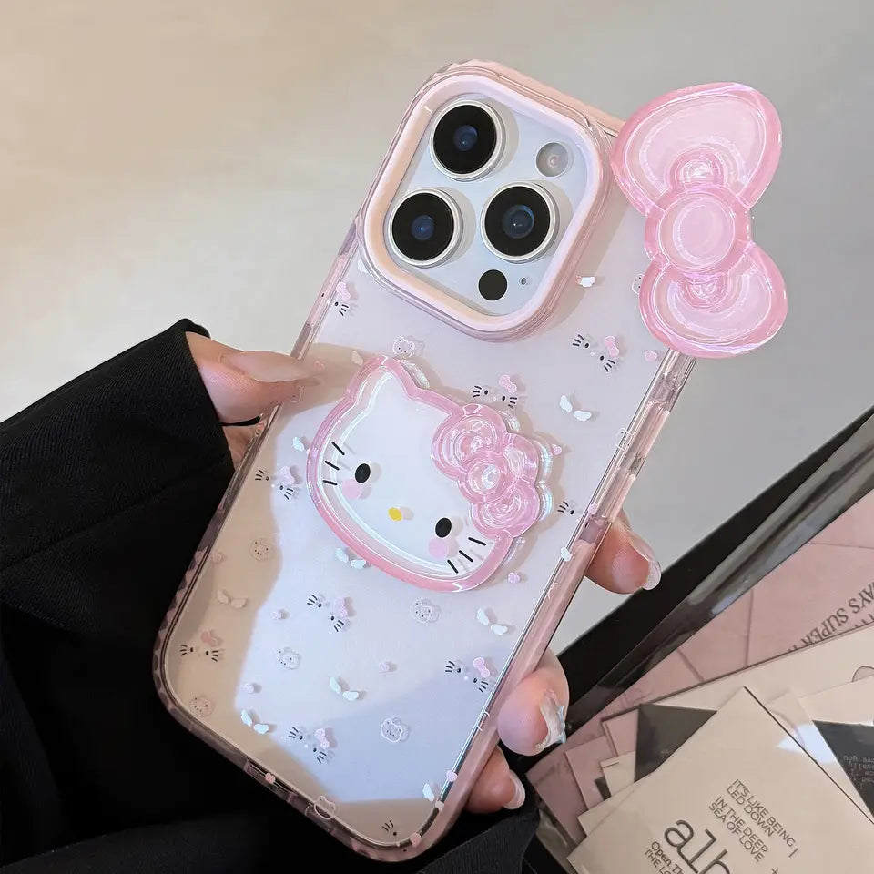 [No Plus Model] 3D Bowknot Cartoon Kitty Clear Phone Case for iPhone