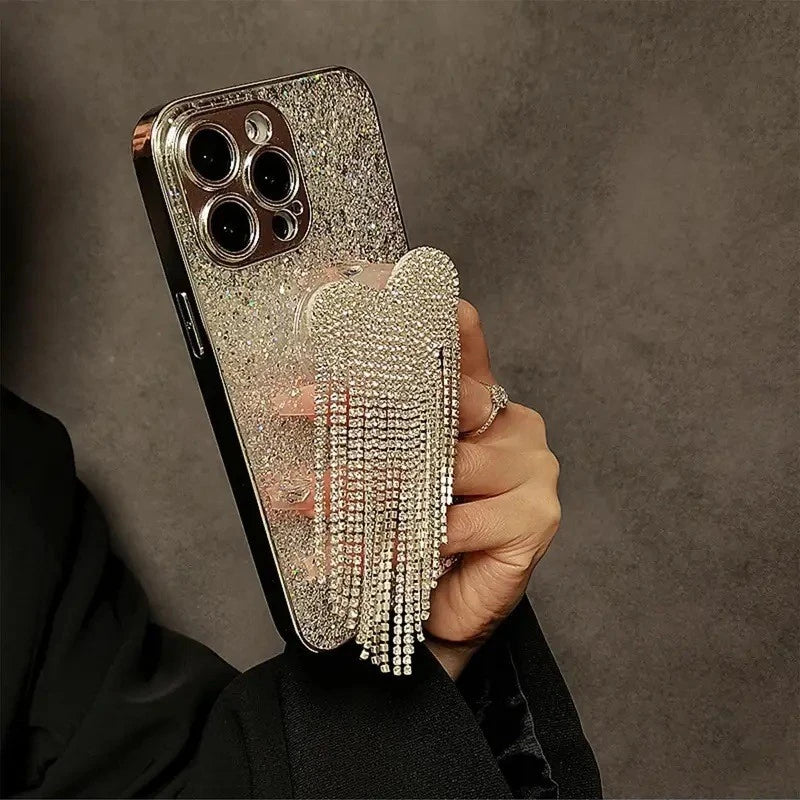 Full Rhinestone Protective Cover Heart Tassel Airbag Stand Phone Case for iPhone 17 Air 16 15 14 13 12 11 Pro Max Plus (Copy)