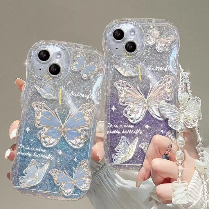 Butterfly Wavy Edge Shiny Clear Lanyard Phone Case For All iPhone 17 Air Pro Max 16 15 14 13 12 11 Pro Plus