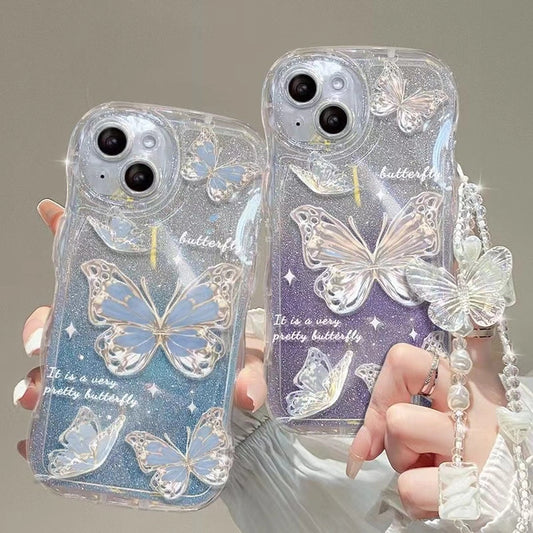 Butterfly Wavy Edge Shiny Clear Lanyard Phone Case For All iPhone 17 Air Pro Max 16 15 14 13 12 11 Pro Plus