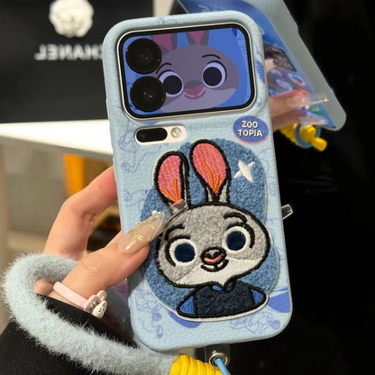 Embroidered Cartoons Rabbit Fox Lanyard Strap Leather Phone Case For All iPhone 17 Air Pro Max 16 Pro 15 14 13 12 11 Plus Cute Zootop Animals Fold Phone Airbag Bracket