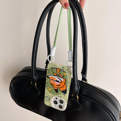 Embroidered Cartoons Rabbit Fox Lanyard Strap Leather Phone Case For All iPhone 17 Air Pro Max 16 Pro 15 14 13 12 11 Plus Cute Zootop Animals Fold Phone Airbag Bracket