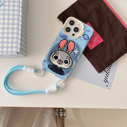 Embroidered Cartoons Rabbit Fox Lanyard Strap Leather Phone Case For All iPhone 17 Air Pro Max 16 Pro 15 14 13 12 11 Plus Cute Zootop Animals Fold Phone Airbag Bracket