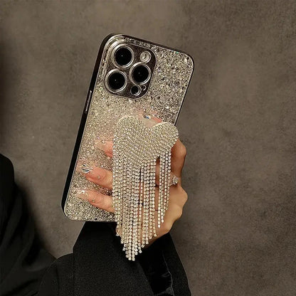 Full Rhinestone Protective Cover Heart Tassel Airbag Stand Phone Case for iPhone 17 Air 16 15 14 13 12 11 Pro Max Plus (Copy)