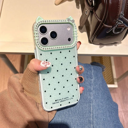 Cute Kitty Rhinestone Protective Cover Polka Dots Phone Case for iPhone 17 Air 16 15 14 13 12 11 Pro Max Plus