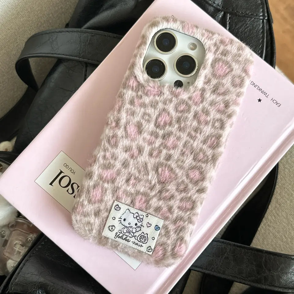 Cute Kitty Leopard Print Velvet Plush Phone Case for iPhone 17 16 15 14 13 Series
