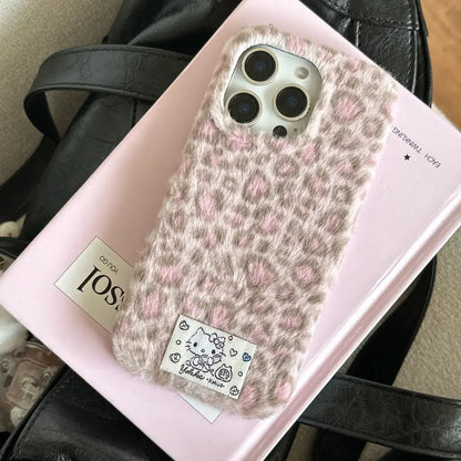 Cute Kitty Leopard Print Velvet Plush Phone Case for iPhone 17 16 15 14 13 Series