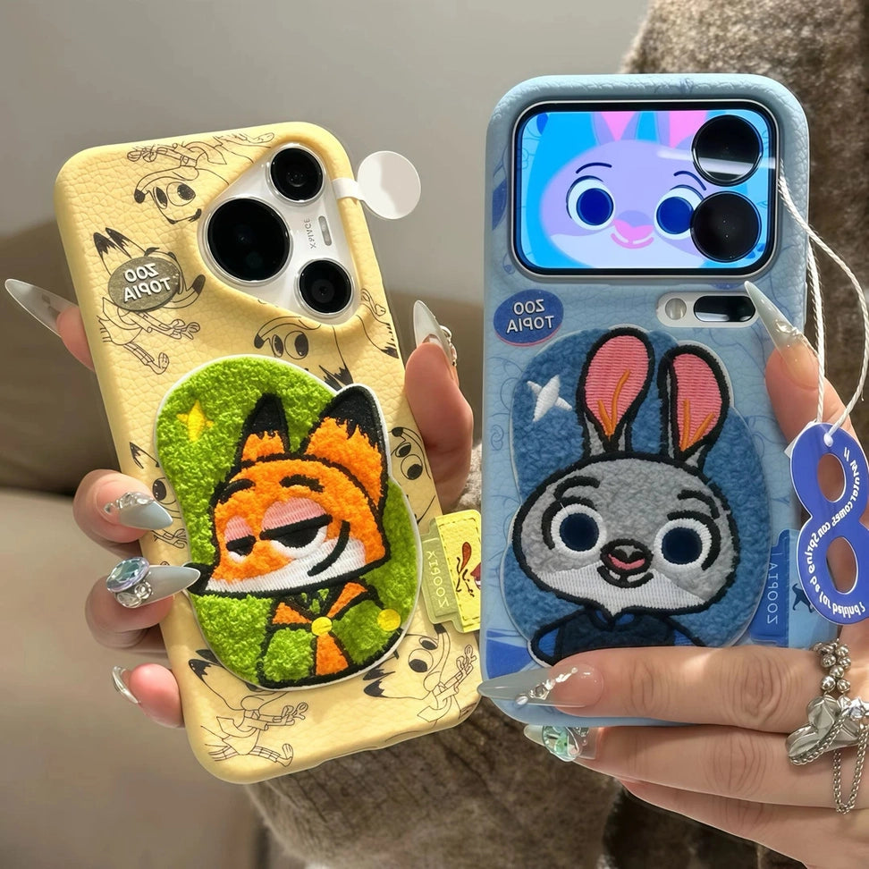 Embroidered Cartoons Rabbit Fox Lanyard Strap Leather Phone Case For All iPhone 17 Air Pro Max 16 Pro 15 14 13 12 11 Plus Cute Zootop Animals Fold Phone Airbag Bracket