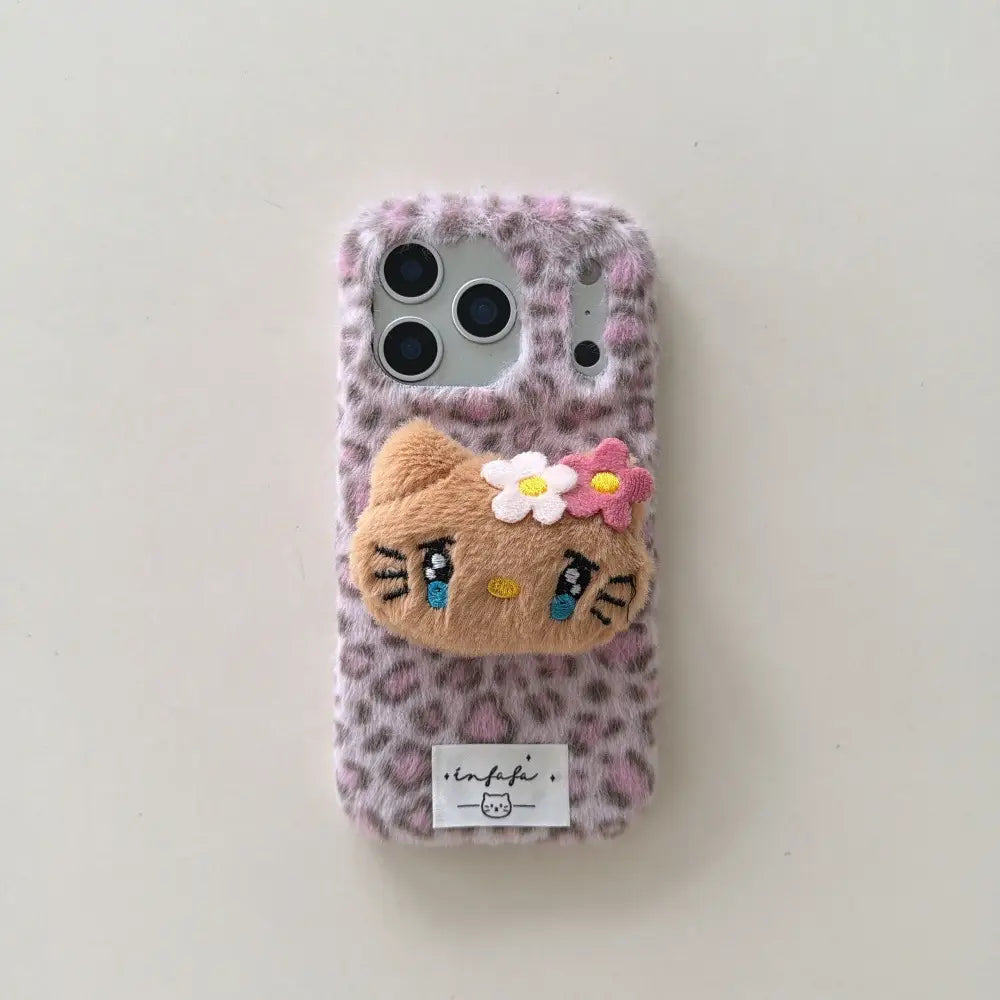 Plush Kitty Leopard Cute Kawaii Phone Case For iPhone 17 16 15 14 Series