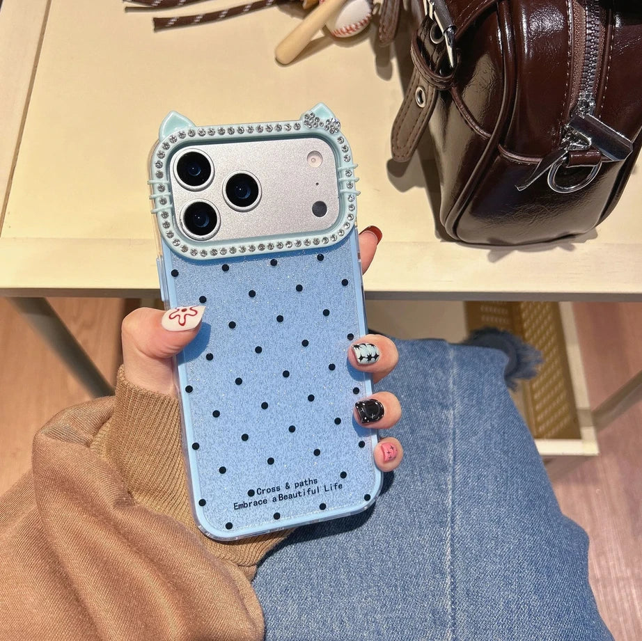 Cute Kitty Rhinestone Protective Cover Polka Dots Phone Case for iPhone 17 Air 16 15 14 13 12 11 Pro Max Plus