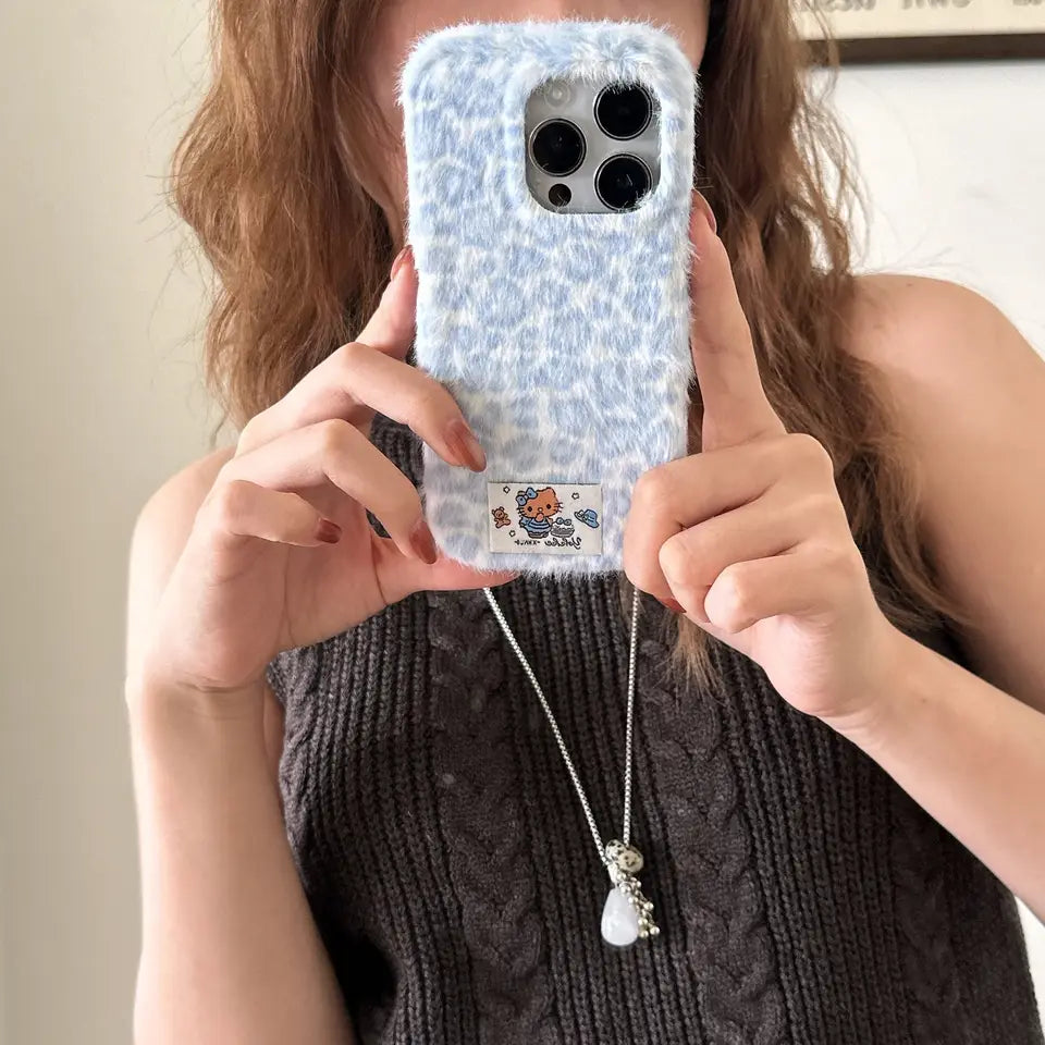 Cute Kitty Leopard Print Velvet Plush Phone Case for iPhone 17 16 15 14 13 Series