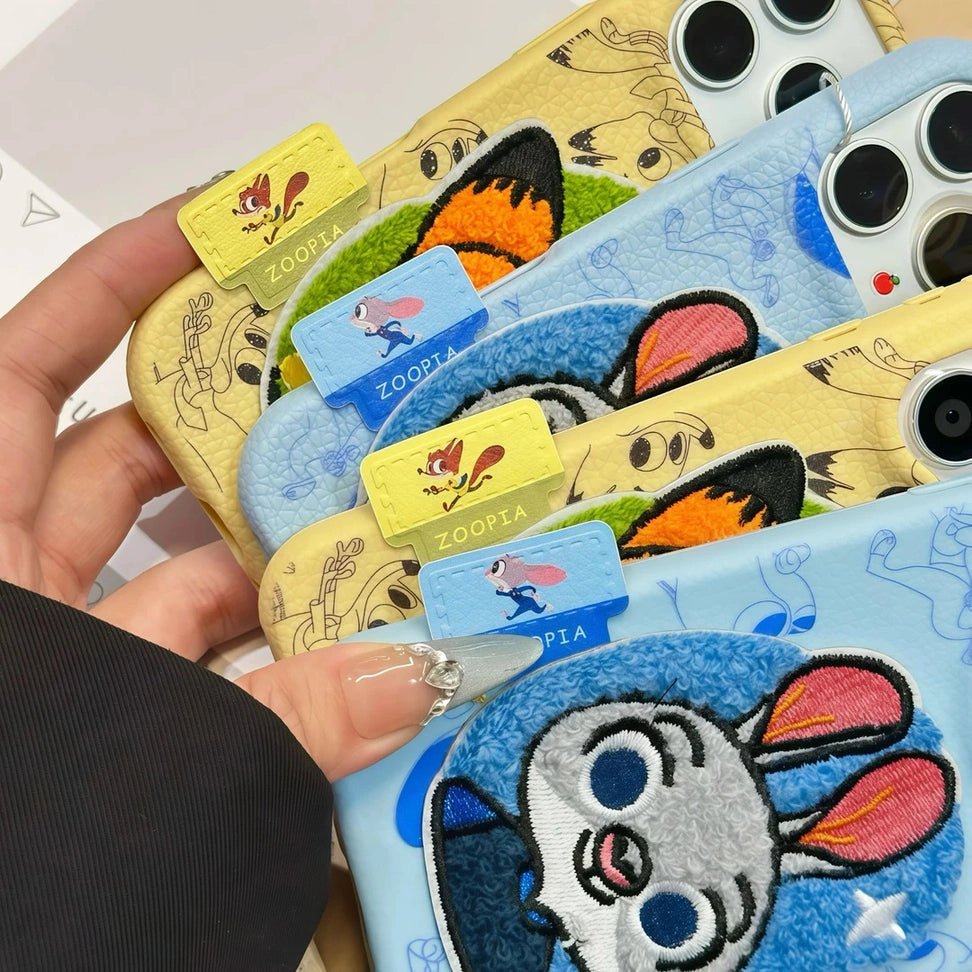 Embroidered Cartoons Rabbit Fox Lanyard Strap Leather Phone Case For All iPhone 17 Air Pro Max 16 Pro 15 14 13 12 11 Plus Cute Zootop Animals Fold Phone Airbag Bracket