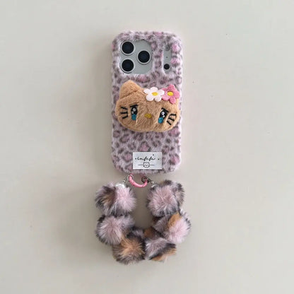 Plush Kitty Leopard Cute Kawaii Phone Case For iPhone 17 16 15 14 Series