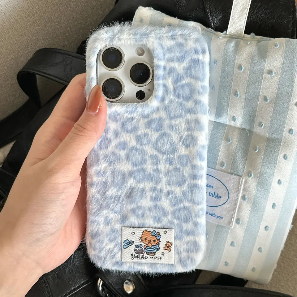 Cute Kitty Leopard Print Velvet Plush Phone Case for iPhone 17 16 15 14 13 Series