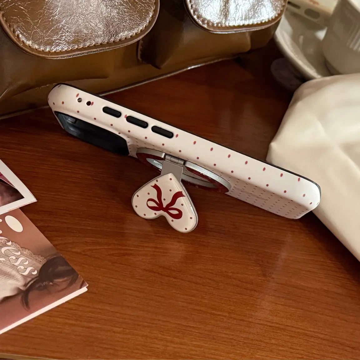 Polka Dot Magsafe Phone Case For iPhone Series 17 16 15 14 13 12 11 with Bowknot Grip