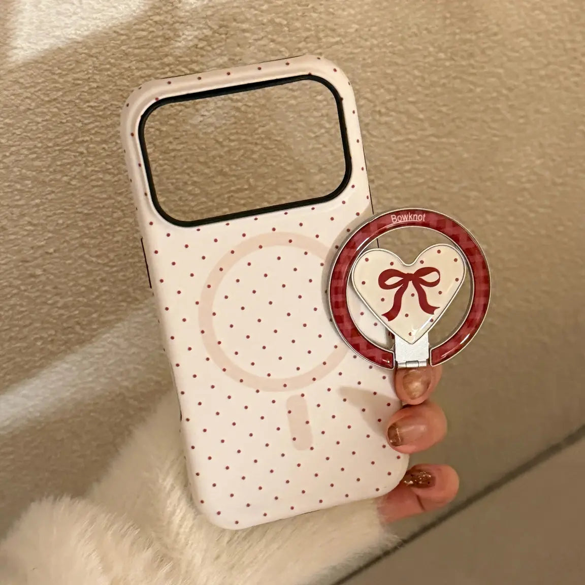 Polka Dot Magsafe Phone Case For iPhone Series 17 16 15 14 13 12 11 with Bowknot Grip