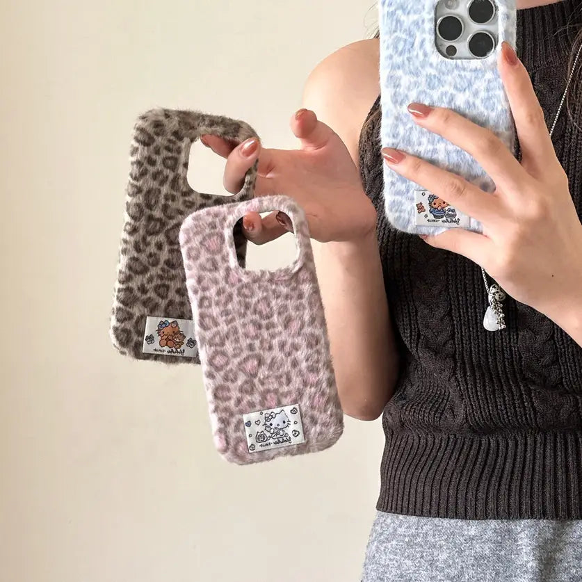 Cute Kitty Leopard Print Velvet Plush Phone Case for iPhone 17 16 15 14 13 Series
