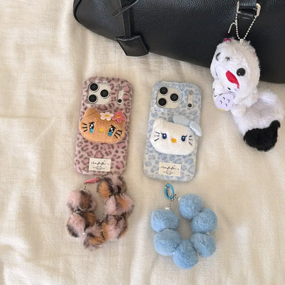 Plush Kitty Leopard Cute Kawaii Phone Case For iPhone 17 16 15 14 Series