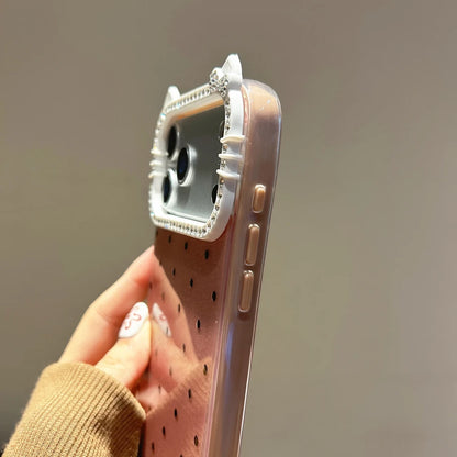 Cute Kitty Rhinestone Protective Cover Polka Dots Phone Case for iPhone 17 Air 16 15 14 13 12 11 Pro Max Plus