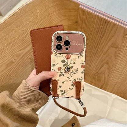 [No Plus Model] Floral Rose Camellia Leather Buckle Lanyard Phone Case for iPhone