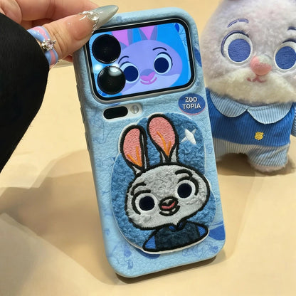 Embroidered Cartoons Rabbit Fox Lanyard Strap Leather Phone Case For All iPhone 17 Air Pro Max 16 Pro 15 14 13 12 11 Plus Cute Zootop Animals Fold Phone Airbag Bracket