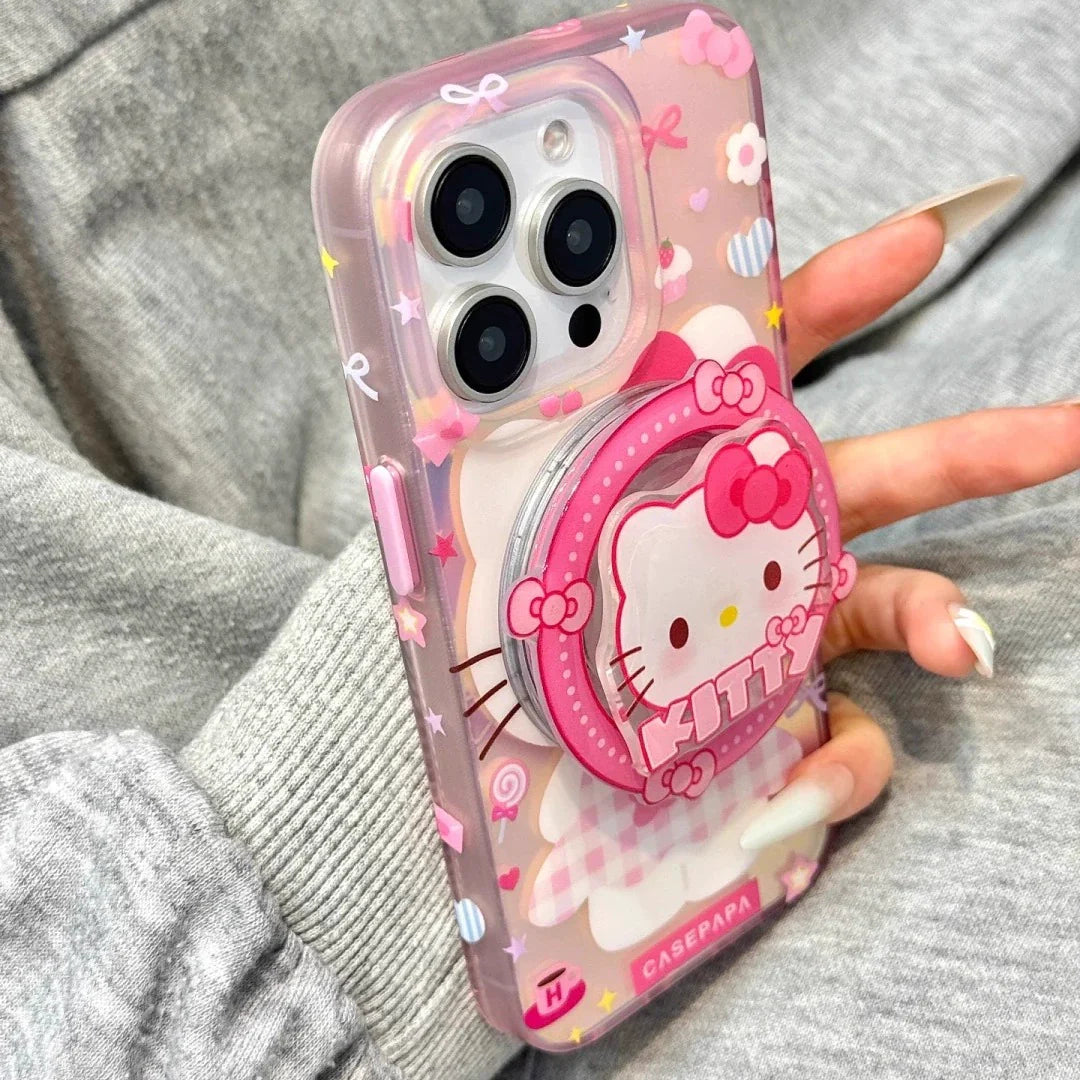 Rotating Kitty Pink Plaid Magnetic Phone Case