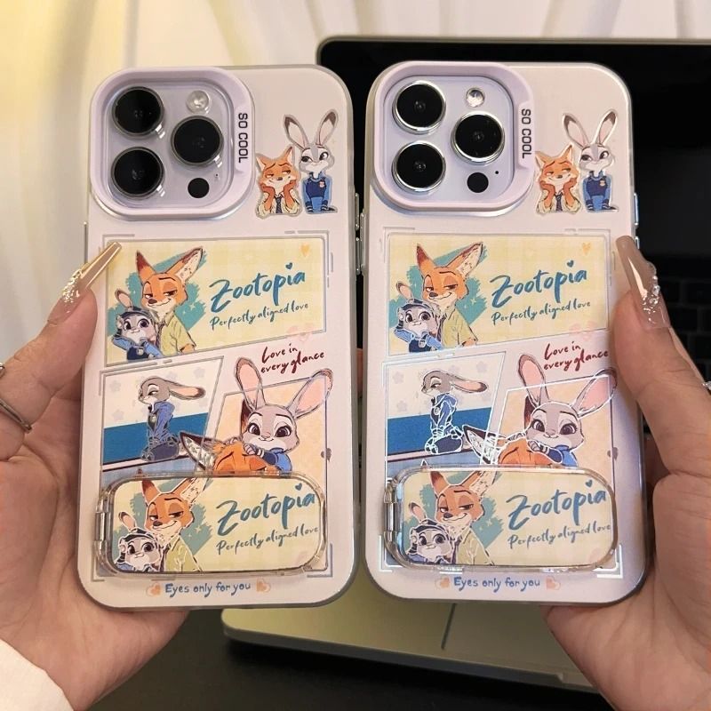 Cartoon Rabbit Fox With Makeup Mirror Kickstand Phone Case For All iPhone 17 Air Pro Max 16 Pro 15 14 13 12 11 Plus Cute Zootop Animals