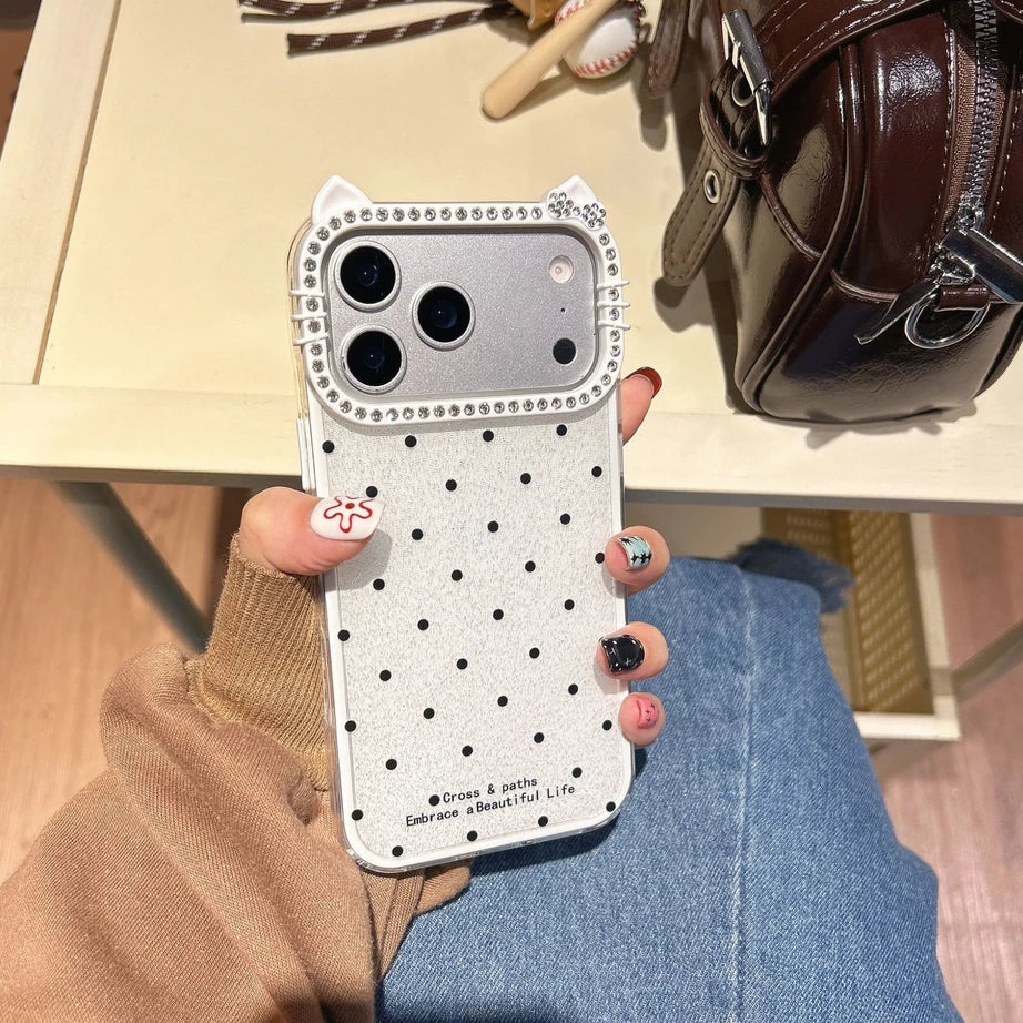 Cute Kitty Rhinestone Protective Cover Polka Dots Phone Case for iPhone 17 Air 16 15 14 13 12 11 Pro Max Plus