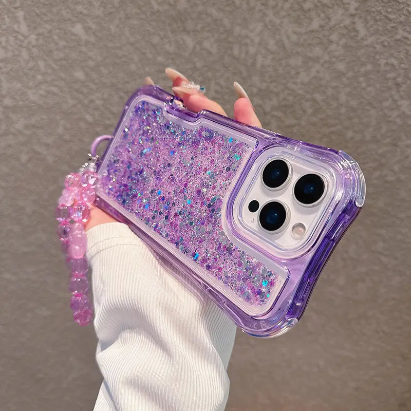 Candy Color Glitter Curvy Waist Phone Case For iPhone Shiny Lanyard Back Cover