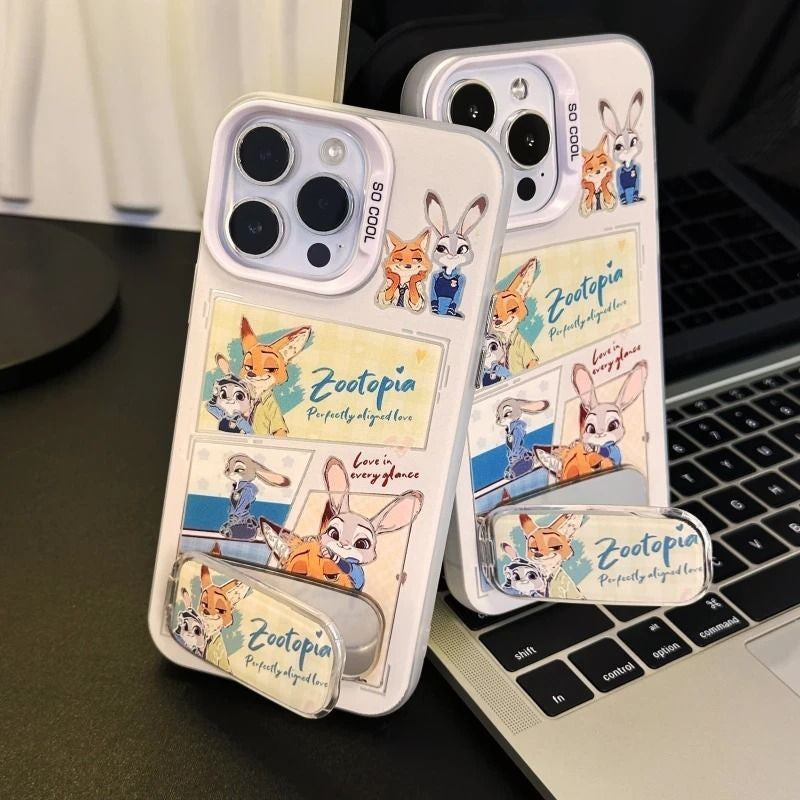 Cartoon Rabbit Fox With Makeup Mirror Kickstand Phone Case For All iPhone 17 Air Pro Max 16 Pro 15 14 13 12 11 Plus Cute Zootop Animals