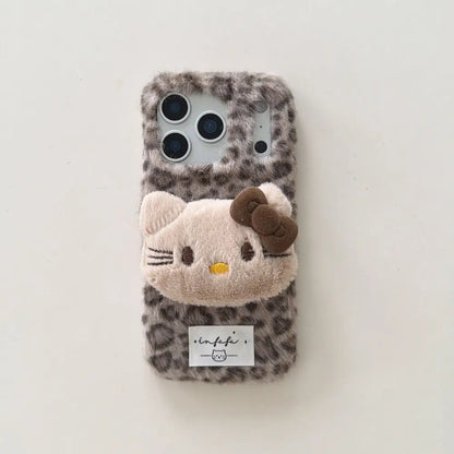 Plush Kitty Leopard Cute Kawaii Phone Case For iPhone 17 16 15 14 Series
