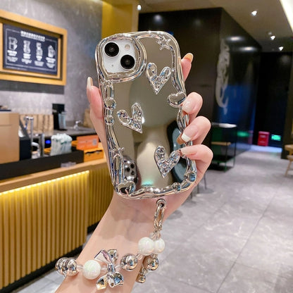 Heart Mirror Back Cover With Beads Bracelet Phone Case for iPhone 17 Air 16 15 14 13 12 11 Pro Max Plus X Xr