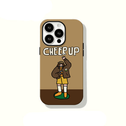 Phone case with a character and 'Cheer Up' text on a beige background, featuring the brand 'Case Lucy'.