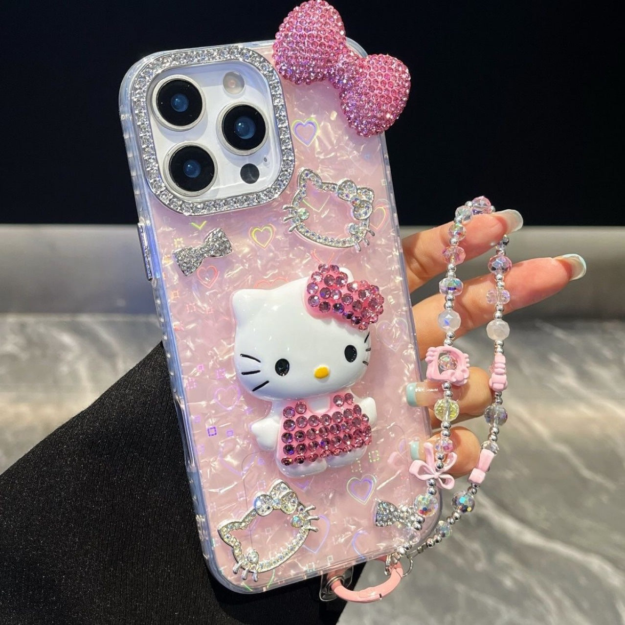 Cartoon Diamonds Pink 3D Kitty Phone Case For iPhone 17 16 15 14 13 12 11 Pro Max Bling Glitter TPU Clear Back Cover with Charm