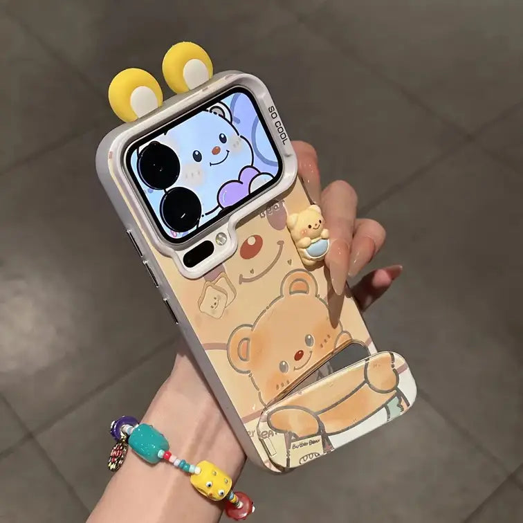 Cute Bear Phone Case for iPhone With Makeup Mirror Foldable Kickstand