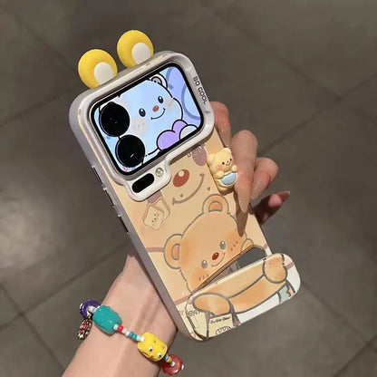 Cute Bear Phone Case for iPhone With Makeup Mirror Foldable Kickstand