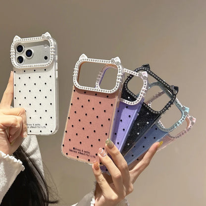 Cute Kitty Rhinestone Protective Cover Polka Dots Phone Case for iPhone 17 Air 16 15 14 13 12 11 Pro Max Plus