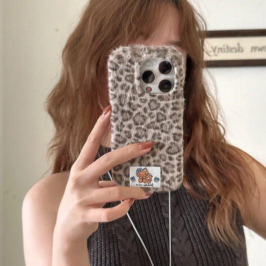 Cute Kitty Leopard Print Velvet Plush Phone Case for iPhone 17 16 15 14 13 Series