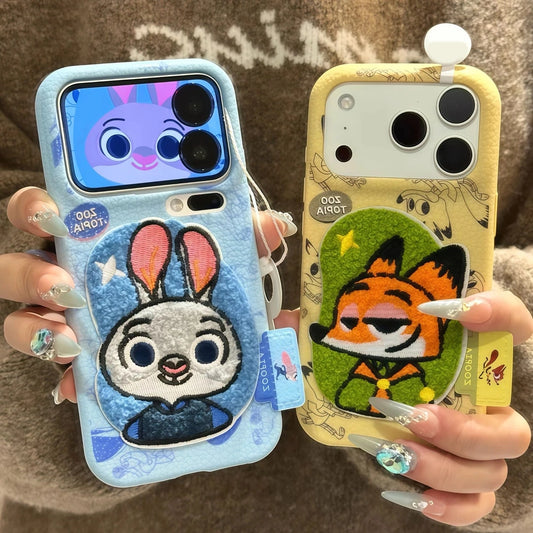 Embroidered Cartoons Rabbit Fox Lanyard Strap Leather Phone Case For All iPhone 17 Air Pro Max 16 Pro 15 14 13 12 11 Plus Cute Zootop Animals Fold Phone Airbag Bracket