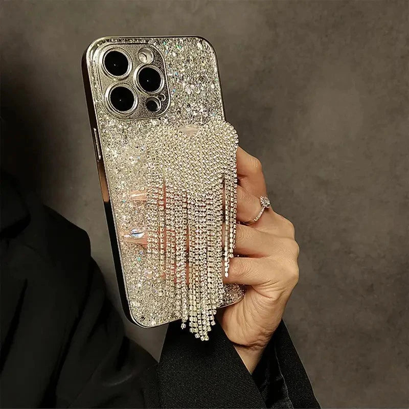 Full Rhinestone Protective Cover Heart Tassel Airbag Stand Phone Case for iPhone 17 Air 16 15 14 13 12 11 Pro Max Plus (Copy)