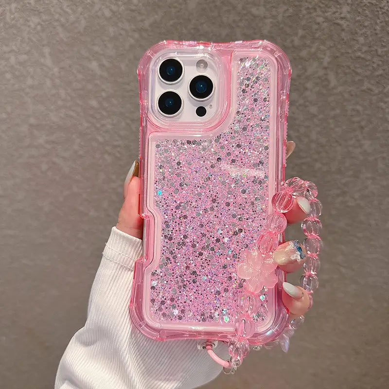 Candy Color Glitter Curvy Waist Phone Case For iPhone Shiny Lanyard Back Cover
