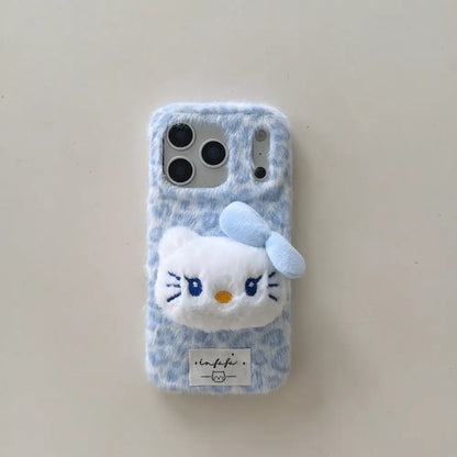 Plush Kitty Leopard Cute Kawaii Phone Case For iPhone 17 16 15 14 Series