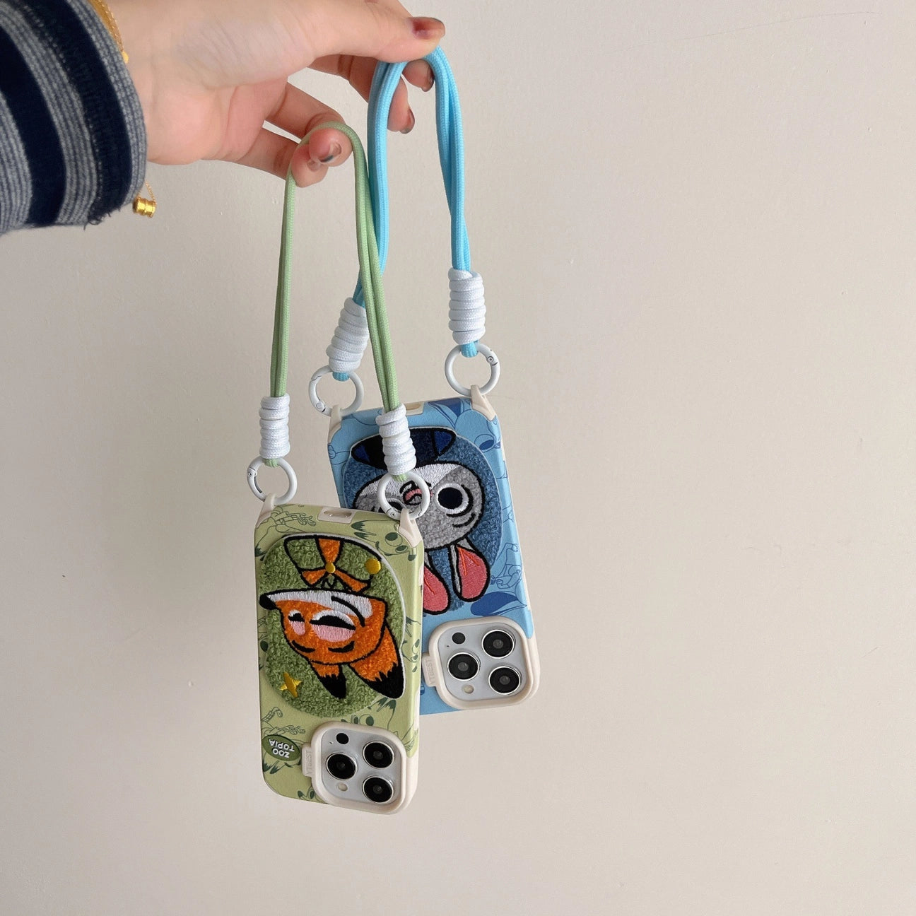 Embroidered Cartoons Rabbit Fox Lanyard Strap Leather Phone Case For All iPhone 17 Air Pro Max 16 Pro 15 14 13 12 11 Plus Cute Zootop Animals Fold Phone Airbag Bracket