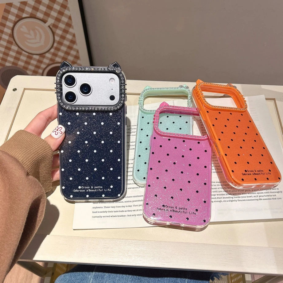 Cute Kitty Rhinestone Protective Cover Polka Dots Phone Case for iPhone 17 Air 16 15 14 13 12 11 Pro Max Plus