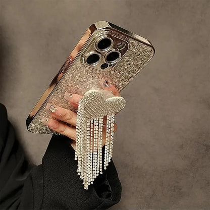 Full Rhinestone Protective Cover Heart Tassel Airbag Stand Phone Case for iPhone 17 Air 16 15 14 13 12 11 Pro Max Plus (Copy)