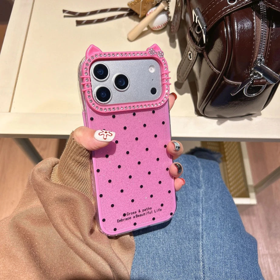 Cute Kitty Rhinestone Protective Cover Polka Dots Phone Case for iPhone 17 Air 16 15 14 13 12 11 Pro Max Plus