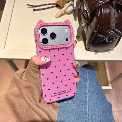 Cute Kitty Rhinestone Protective Cover Polka Dots Phone Case for iPhone 17 Air 16 15 14 13 12 11 Pro Max Plus